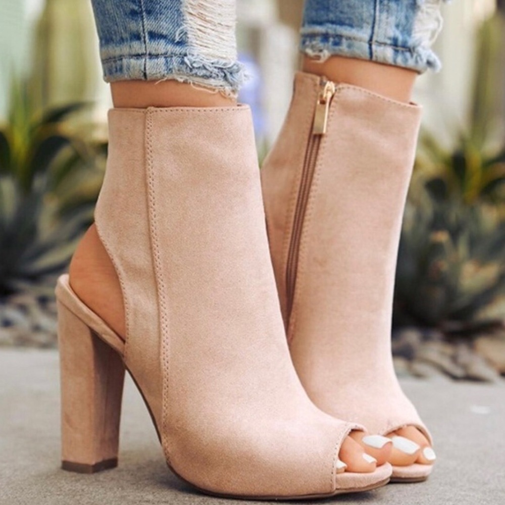 Nude suede open-toed heels